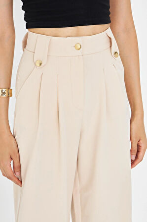 Kemeri Düğme Detaylı Atlas Pantolon - Taş