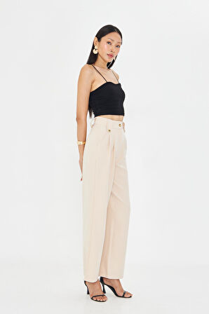 Kemeri Düğme Detaylı Atlas Pantolon - Taş