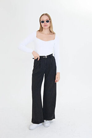 Kemerli Çizgili Poliviskon Pantolon 
