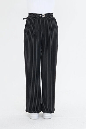 Kemerli Çizgili Poliviskon Pantolon 