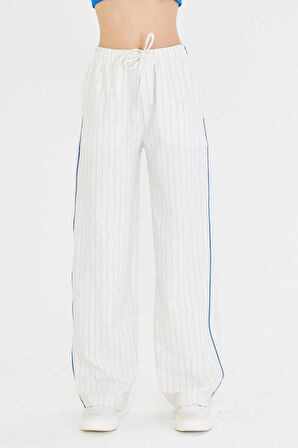 Bağcıklı Çizgili Keten Görünümlü Pantolon 