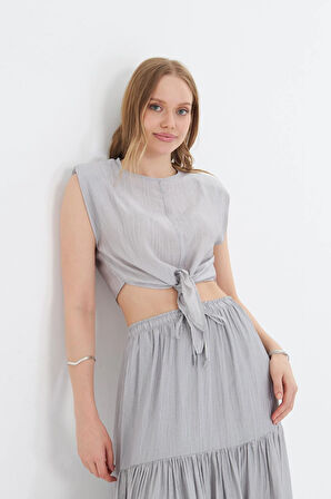 Çizgili Önü Bağlamalı Bluz 