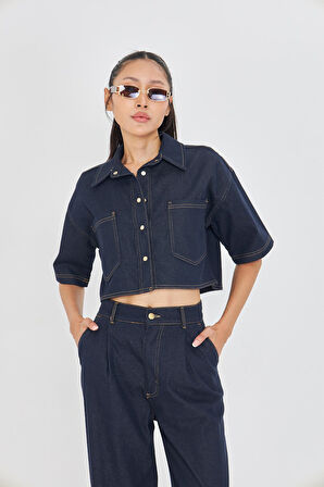 Cepli Kısa Kollu Denim Gömlek 