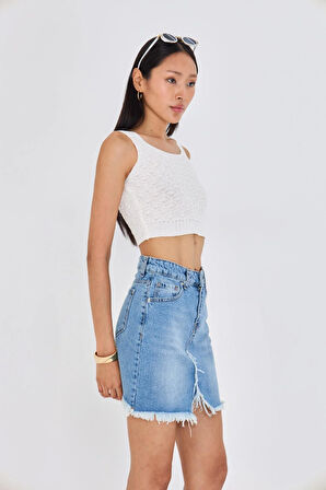 Yırtmaçlı Mini Denim Etek