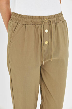 Lastikli Düğmeli Havuç Kesim Pantolon - Haki