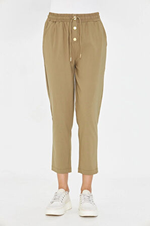 Lastikli Düğmeli Havuç Kesim Pantolon - Haki