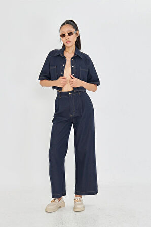 Yüksek Bel Palazzo Denim Pantolon - Gri