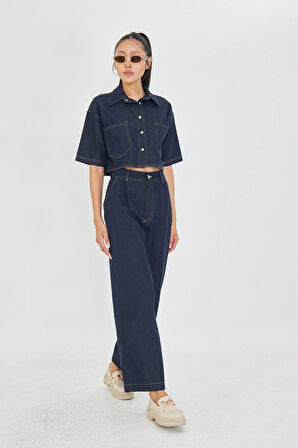 Yüksek Bel Palazzo Denim Pantolon - Gri