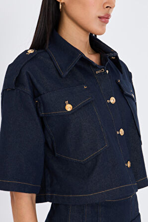 Düğme Detaylı Cepli Denim Gömlek