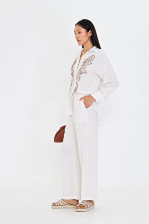 Bol Paça Keten Görünümlü Pantolon