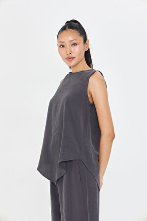 Asimetrik Kesim Sıfır Kol Bluz - Antrasit