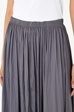 Beli Lastikli Kraşlı Uzun Saten Etek 