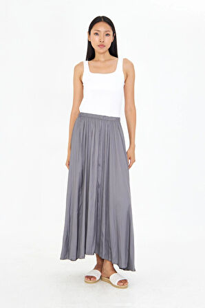 Beli Lastikli Kraşlı Uzun Saten Etek 