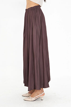 Beli Lastikli Kraşlı Uzun Saten Etek 