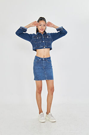 Taşlı Mini Denim Etek
