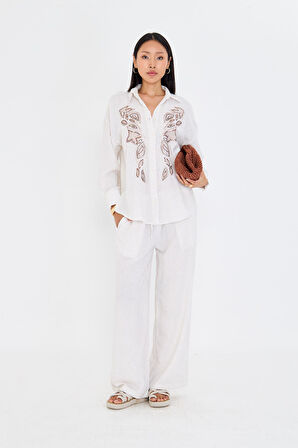 Pullu Nakışlı Keten Görünümlü Gömlek