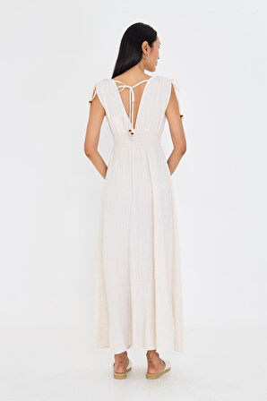 Beli Lastikli Keten Görünümlü Uzun Elbise