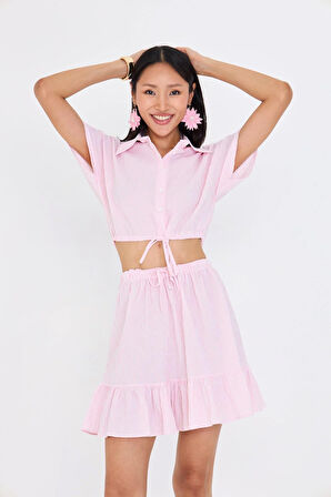 Beli İpli Crop Gofre Gömlek