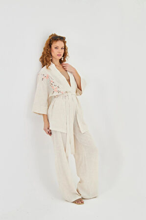 Kuş Nakışlı Keten Görünümlü Kimono 