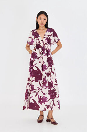 Astarsız Cep Detaylı Çiçek Baskılı Elbise