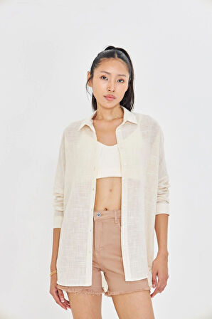 Düşük Omuz Keten Görünümlü Gömlek