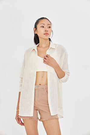 Düşük Omuz Keten Görünümlü Gömlek