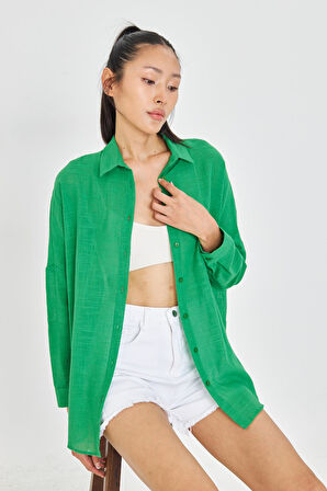 Düşük Omuz Keten Görünümlü Gömlek