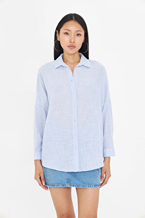 Düşük Omuz Keten Görünümlü Gömlek