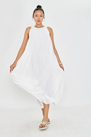 Sıfır Kol Fırfırlı Uzun Elbise