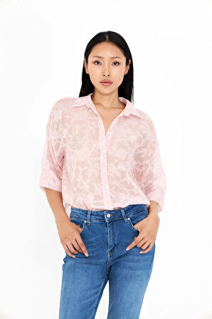 Yarım Kol Keten Görünümlü Tül Gömlek