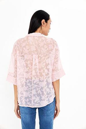 Yarım Kol Keten Görünümlü Tül Gömlek