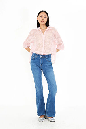 Yarım Kol Keten Görünümlü Tül Gömlek