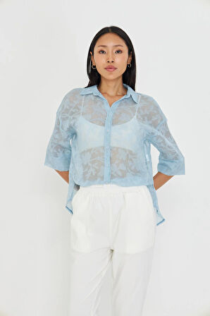 Yarım Kol Keten Görünümlü Tül Gömlek