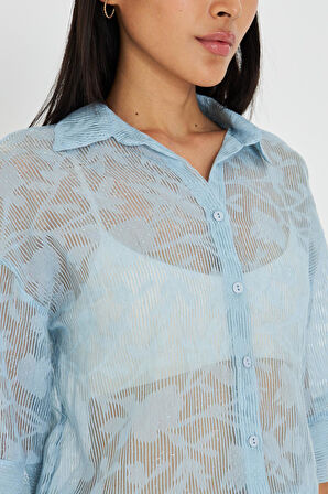 Yarım Kol Keten Görünümlü Tül Gömlek