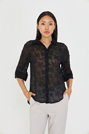 Yarım Kol Keten Görünümlü Tül Gömlek