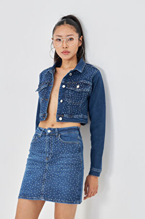 Taş İşlemeli Crop Denim Ceket