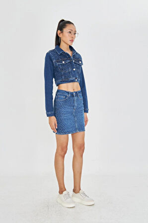 Taş İşlemeli Crop Denim Ceket