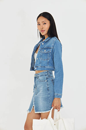 Taş İşlemeli Crop Denim Ceket
