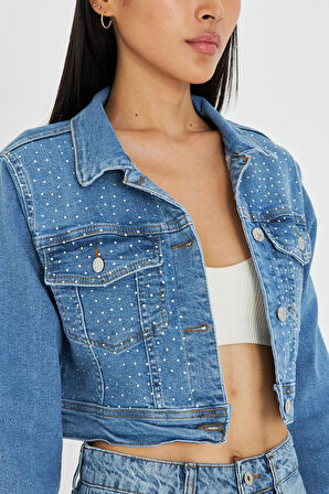 Taş İşlemeli Crop Denim Ceket