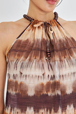 Boncuklu Baskılı Halter Yaka Bluz