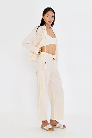 Dantel Şeritli Keten Görünümlü Pantolon