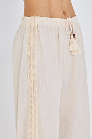 Dantel Şeritli Keten Görünümlü Pantolon