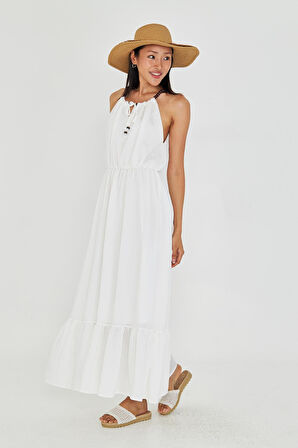 Boncuk Detaylı Askılı Elbise