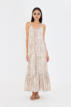 Desenli Askılı Fırfırlı Elbise