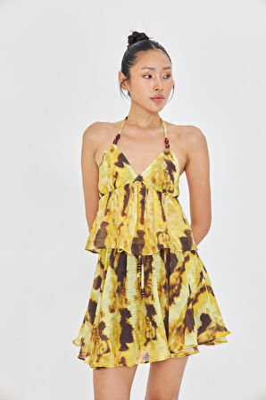 Desenli Sırt Dekolteli Boyundan Bağlamalı Bluz