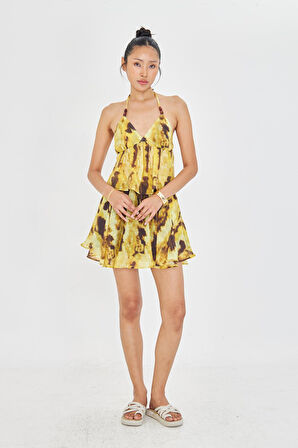 Desenli Sırt Dekolteli Boyundan Bağlamalı Bluz