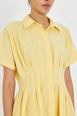 Pileli Gömlek Yaka Poplin Elbise