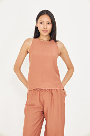 Damla Detaylı Keten Görünümlü Bluz