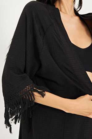 Palmiye Baskılı Püsküllü Kimono