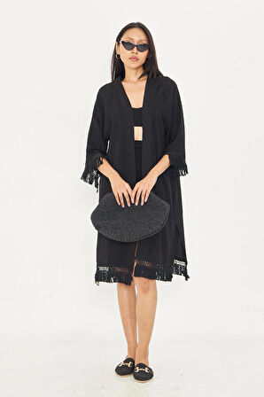 Palmiye Baskılı Püsküllü Kimono